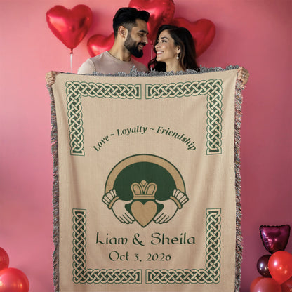 Irish Claddagh Blanket | Personalized Couple Names &amp; Date | Celtic Knot Cotton Throw | Heritage Wedding Gift | Heirloom Woven Irish Blanket