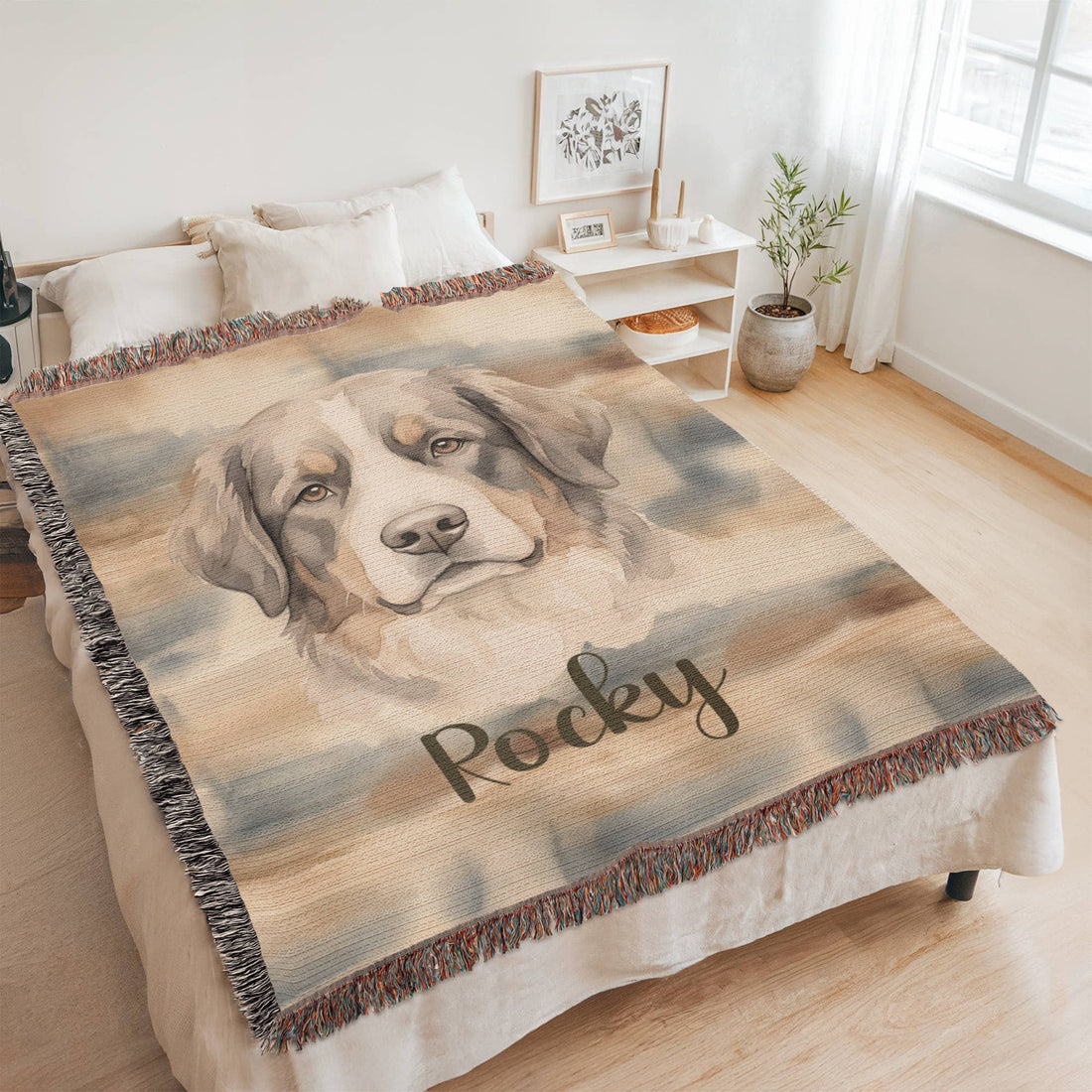 Personalized Dog Breed Blanket | Custom Pet Name Watercolor Throw | Bernese Mountain Dog Gift | Heirloom 100% Cotton | Dog Lover Home Decor | Custom Woven Pet Blanket
