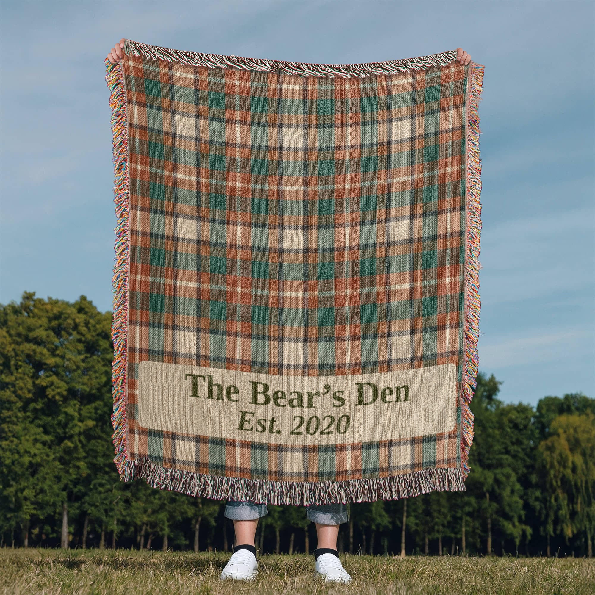Custom Lodge Blanket | Personalized Cabin Name Throw | Plaid Cotton Heirloom Gift | Est. Year Woven Blanket | Hunting Cabin Decor