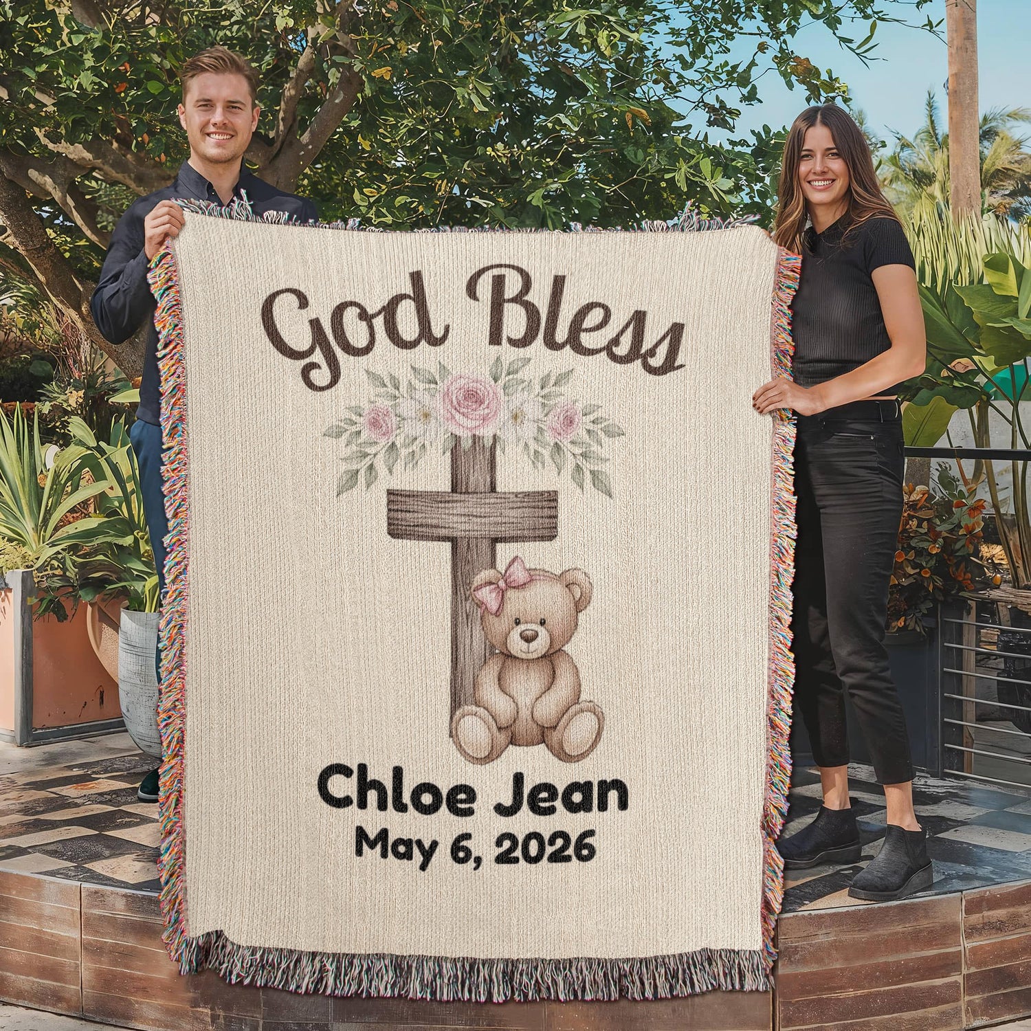 Personalized Baby Baptism Blanket | Teddy Bear Floral Cross