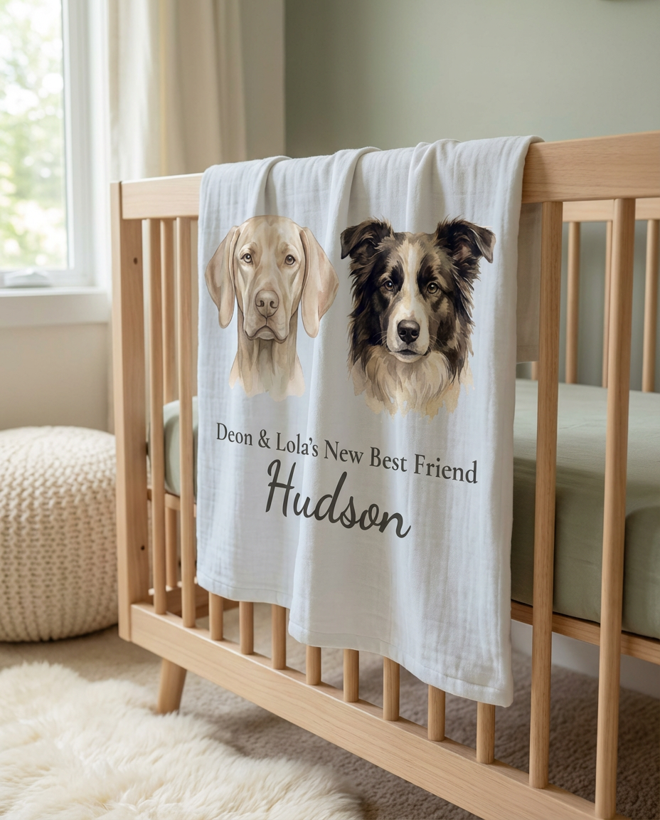 Personalized Baby Dog Name Gift • Custom Newborn Name Blanket • Baby &amp; Pet Announcement • Newborn Photo Prop • Baby Shower Gift