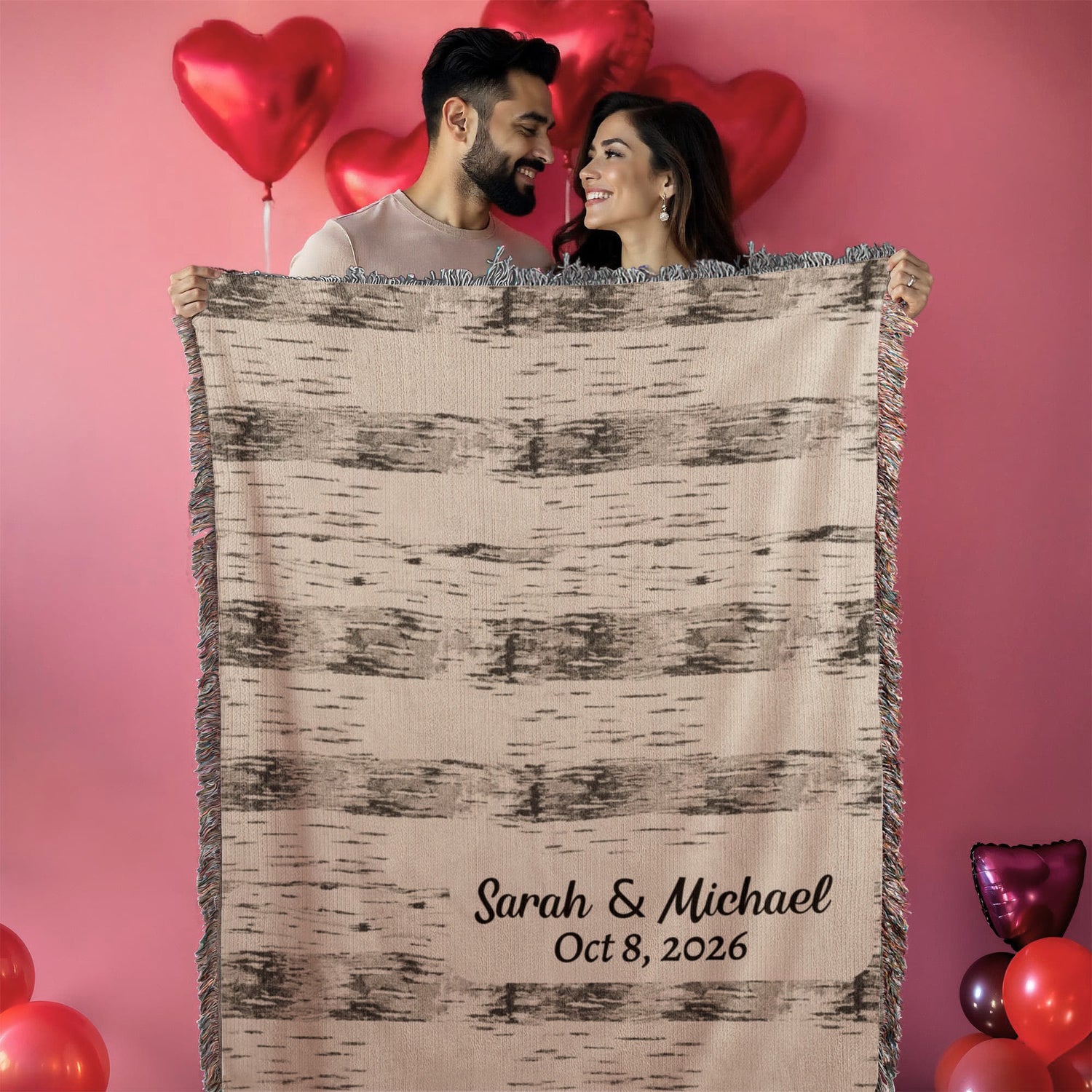 Custom Birchwood Blanket | Personalized Names &amp; Date Throw | Lodge Cabin Gift | Rustic Wedding Heirloom | Nature Woven Blanket | Couple Gift