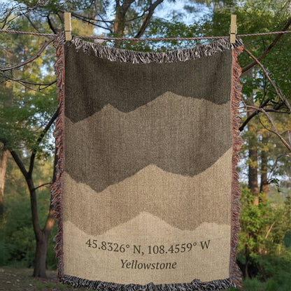 Custom Mountain Coordinates Blanket | Personalized GPS Location Throw | Yellowstone Lodge Gift | Heirloom Woven Nature Blanket | Cabin Decor