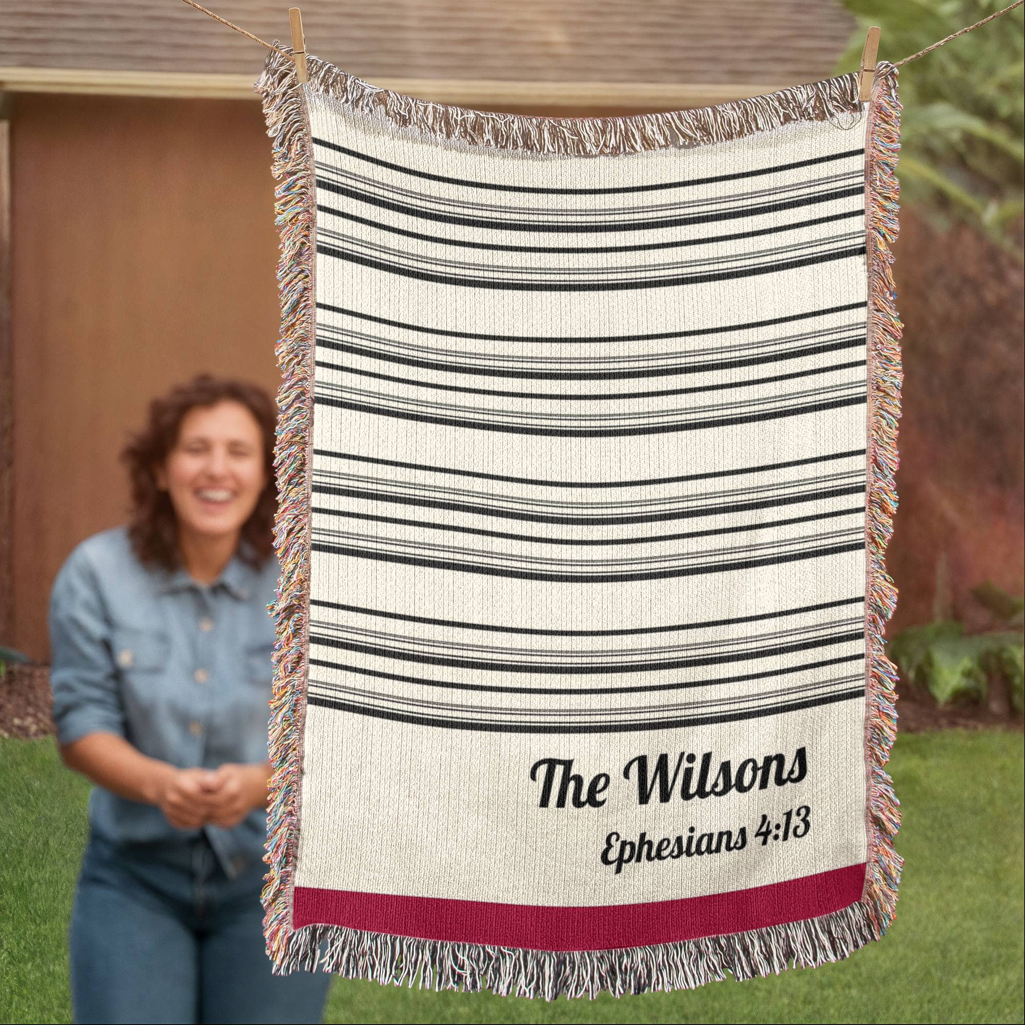 Personalized Christian Family Blanket | Farmhouse Stripe Cotton Throw
