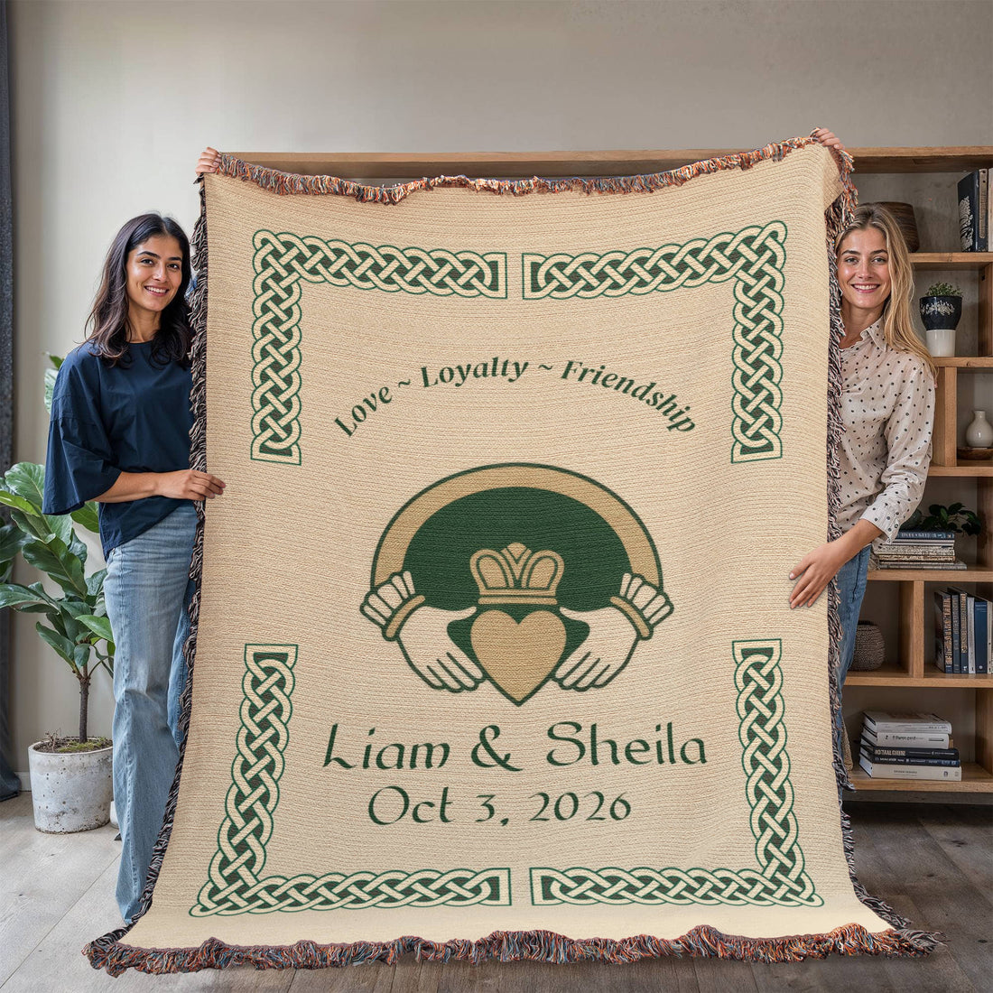 Irish Claddagh Blanket | Personalized Couple Names &amp; Date | Celtic Knot Cotton Throw | Heritage Wedding Gift | Heirloom Woven Irish Blanket
