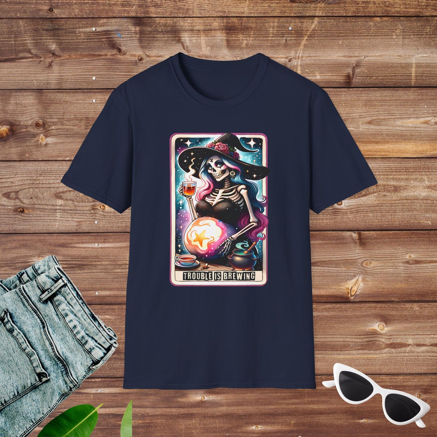 Trouble is Brewing Pregnant Witch Skeleton Tarot T Shirt