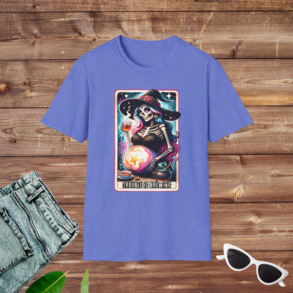 Trouble is Brewing Pregnant Witch Skeleton Tarot T Shirt