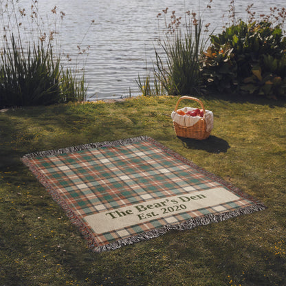 Custom Lodge Blanket | Personalized Cabin Name Throw | Plaid Cotton Heirloom Gift | Est. Year Woven Blanket | Hunting Cabin Decor