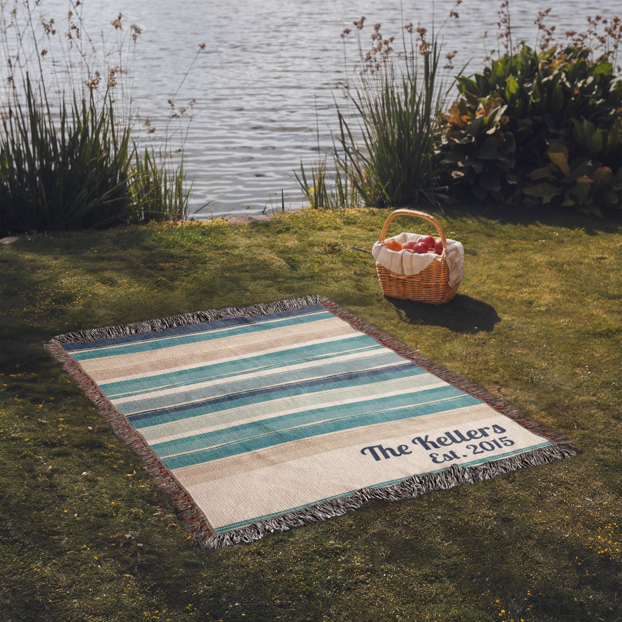 Personalized Beach House Blanket | Farmhouse Stripe Cotton Throw