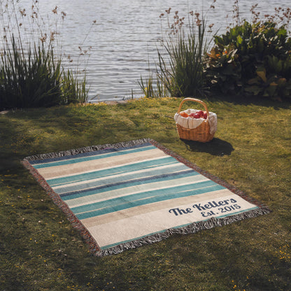 Personalized Beach House Blanket | Farmhouse Stripe Cotton Throw