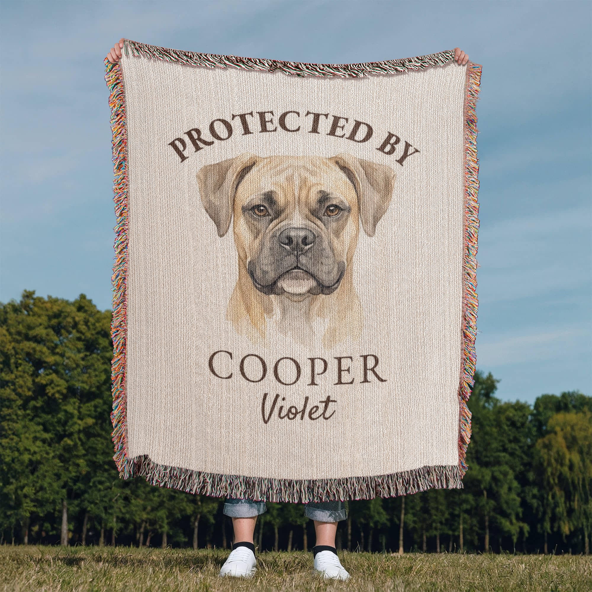Protected By Dog Blanket | Custom Pet Baby Name Throw | Personalized Dog Breed Cotton | Nursery Guardian Gift | Heirloom Woven Fringe Blanket | New Baby Dog Gift