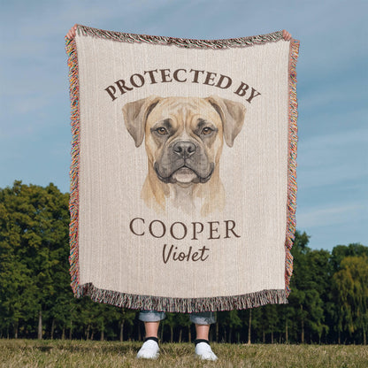 Protected By Dog Blanket | Custom Pet Baby Name Throw | Personalized Dog Breed Cotton | Nursery Guardian Gift | Heirloom Woven Fringe Blanket | New Baby Dog Gift