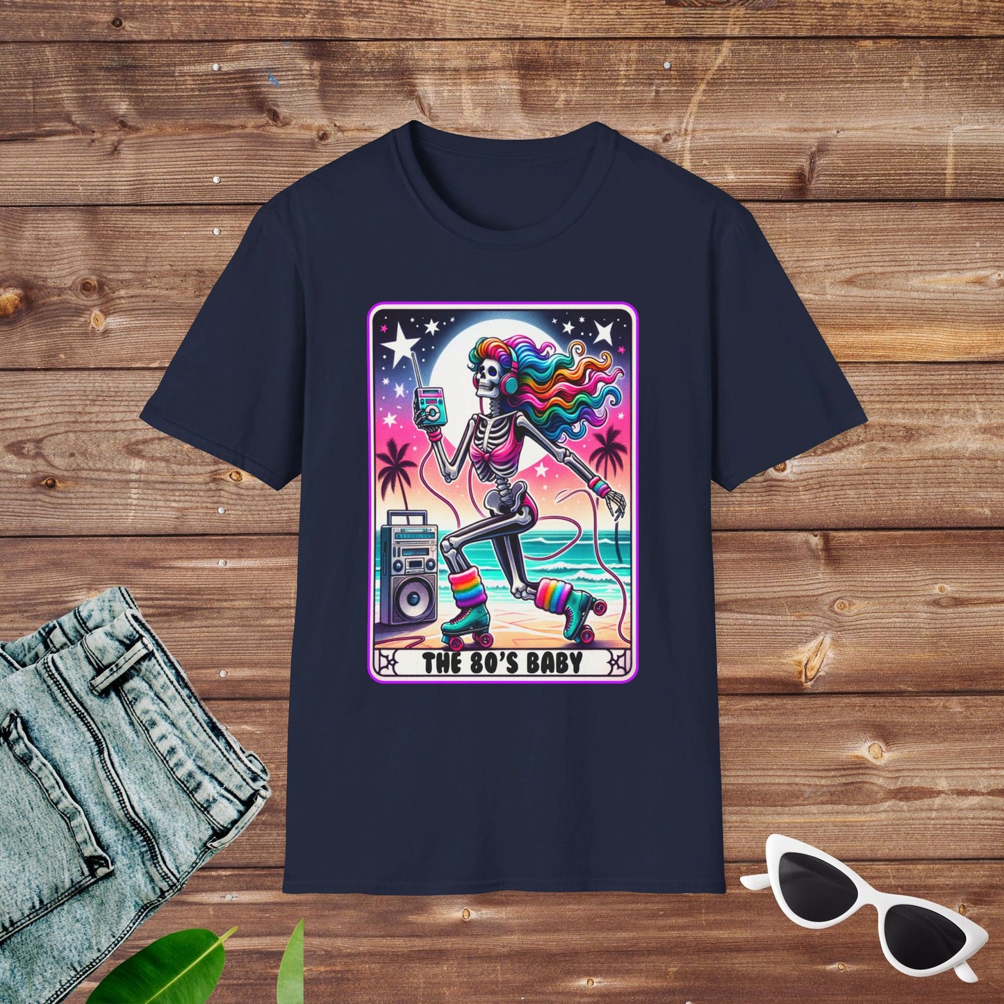 80s Rollerskating Beach Skeleton Tarot T Shirt