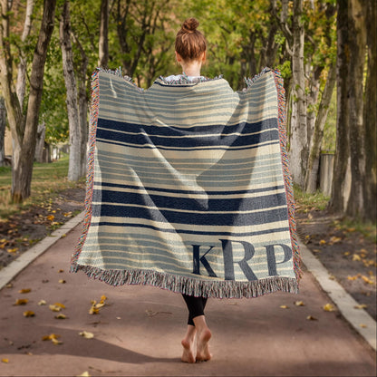 Monogram Beach House Blanket Gift | Custom Initials Coastal Throw | Navy Stripe Cotton | Personalized Blanket| Wedding Housewarming Gift