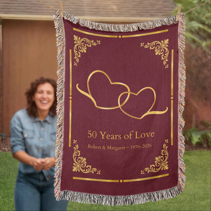 Personalized Anniversary Blanket | Custom Names &amp; Years | Heirloom Cotton Throw | Wedding Milestone Gift | 50th Anniversary