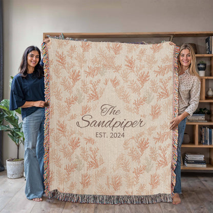 Custom Beach House Blanket |Personalized Throw | Vacation Home Name Gift | Heirloom 100% Cotton | Coastal Woven Blanket | Est. Year Gift