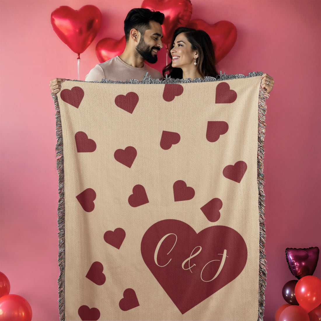 Personalized Couples Blanket | Floating Hearts Cotton Throw | Custom Initials | Wedding Engagement Anniversary Heirloom Gift