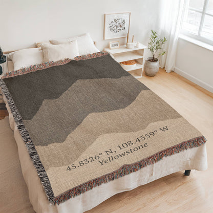 Custom Mountain Coordinates Blanket | Personalized GPS Location Throw | Yellowstone Lodge Gift | Heirloom Woven Nature Blanket | Cabin Decor