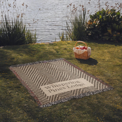 Custom Lodge Name Blanket | Herringbone Throw | Personalized Cabin Cotton Gift | Heirloom Woven Blanket | Lodge Decor | Cabin Housewarming