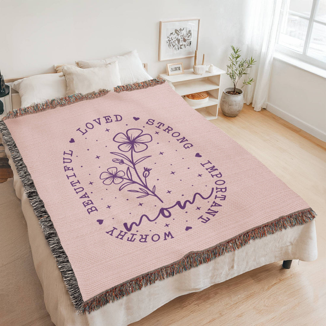 Mom Flower Woven Blanket | Loved Strong Beautiful Cotton Throw | Custom Name | Mother&