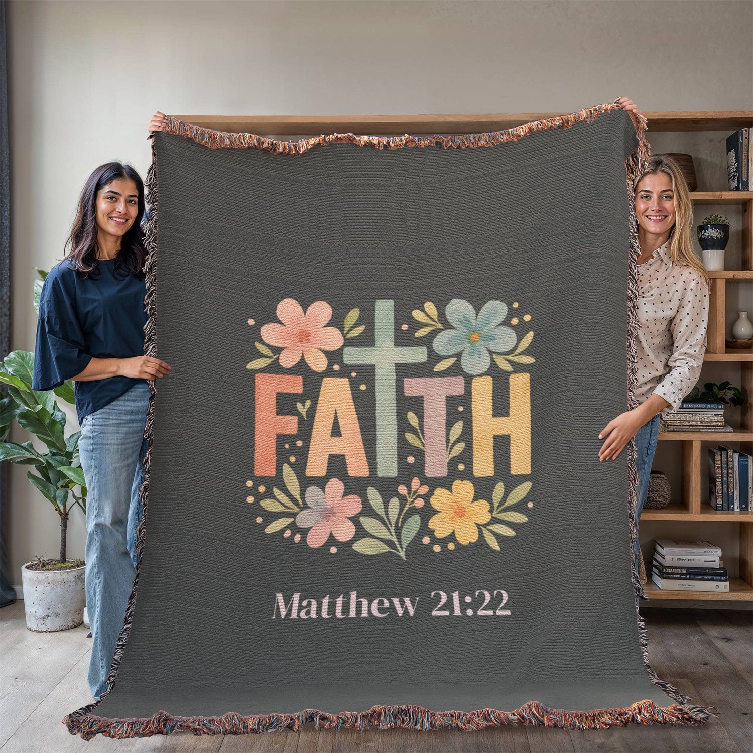 Personalized Christian Faith Blanket | Floral Cross Cotton Throw