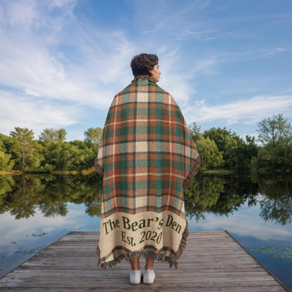Custom Lodge Blanket | Personalized Cabin Name Throw | Plaid Cotton Heirloom Gift | Est. Year Woven Blanket | Hunting Cabin Decor