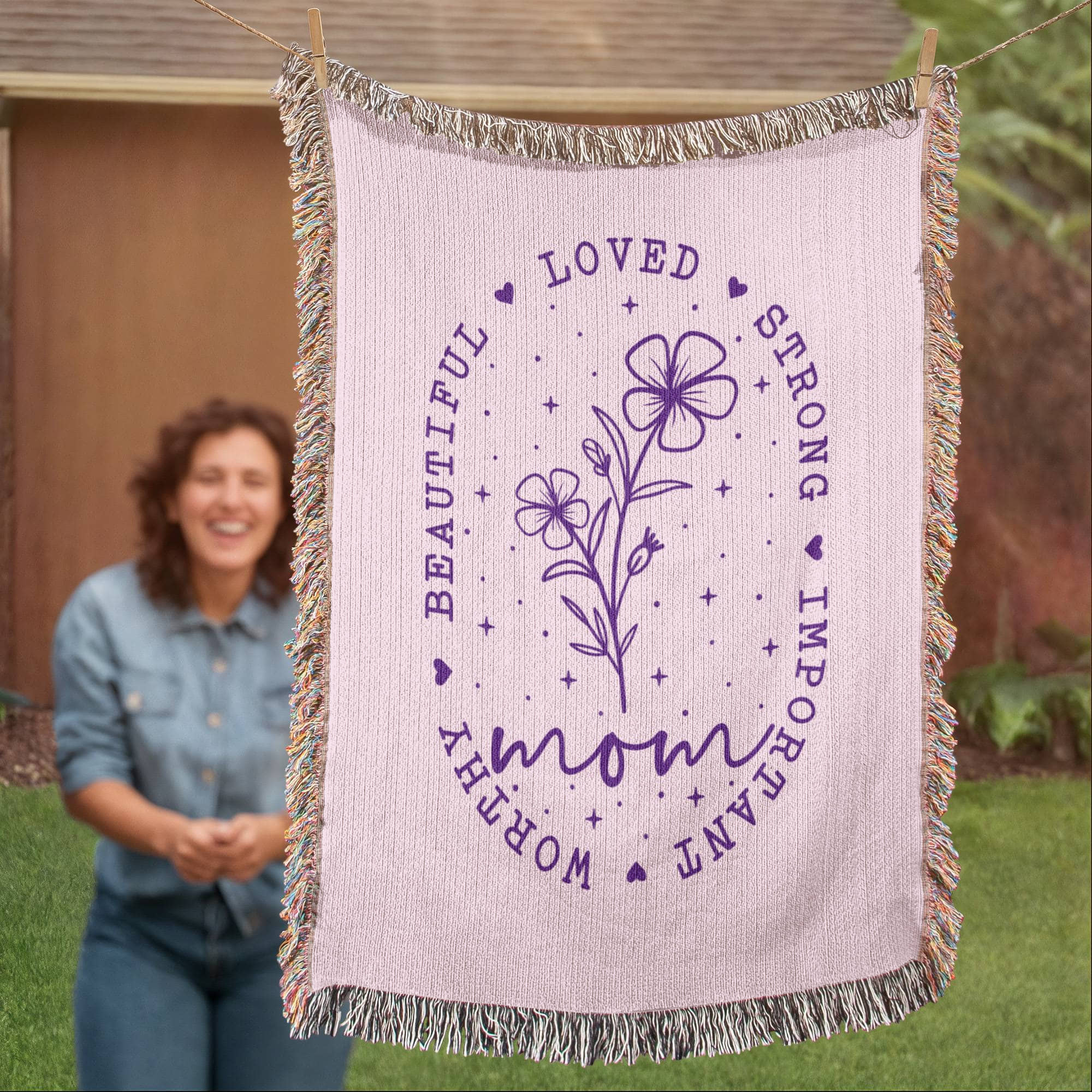 Mom Flower Woven Blanket | Loved Strong Beautiful Cotton Throw