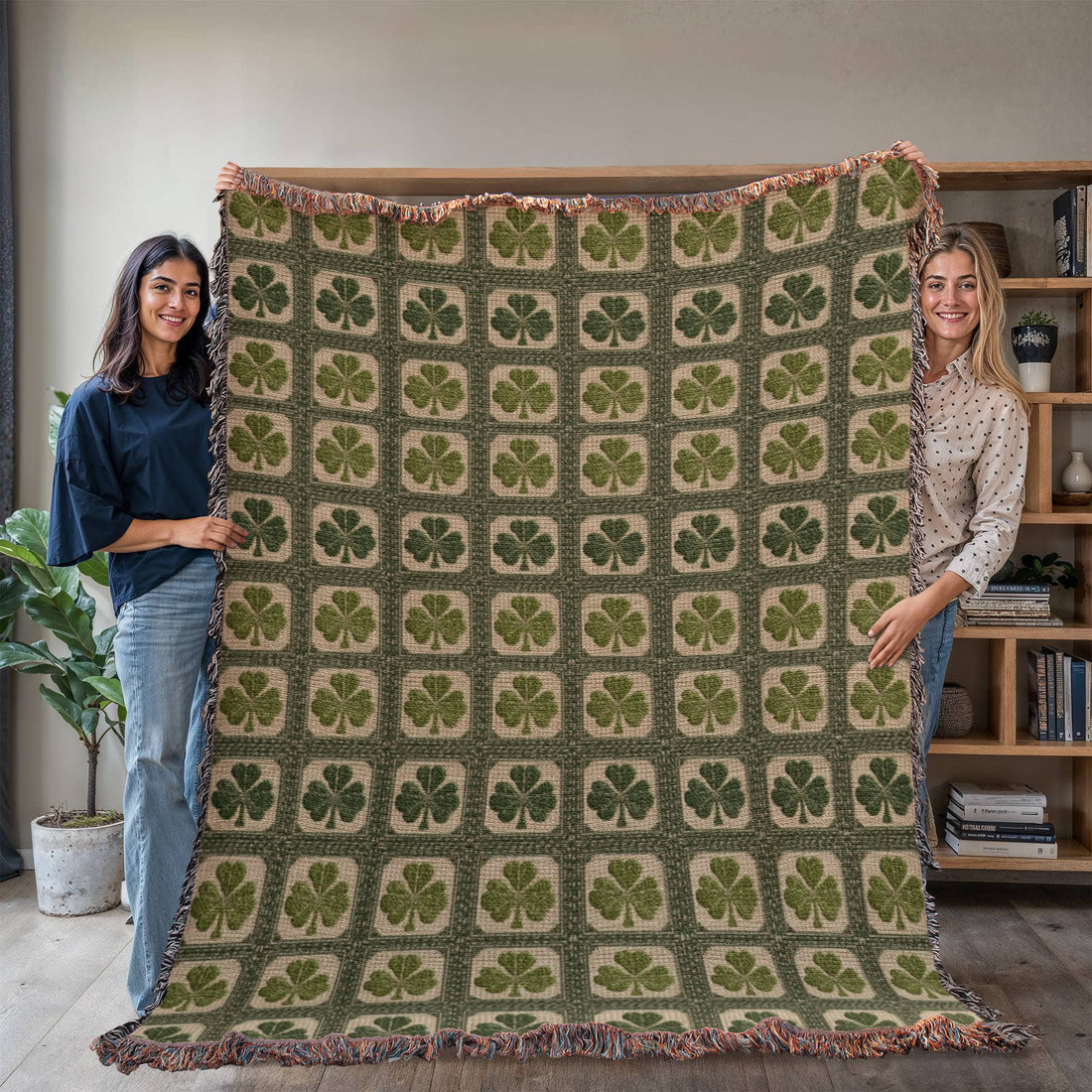 Shamrock Woven Cotton Blanket | Irish Clover Throw | St. Patrick&