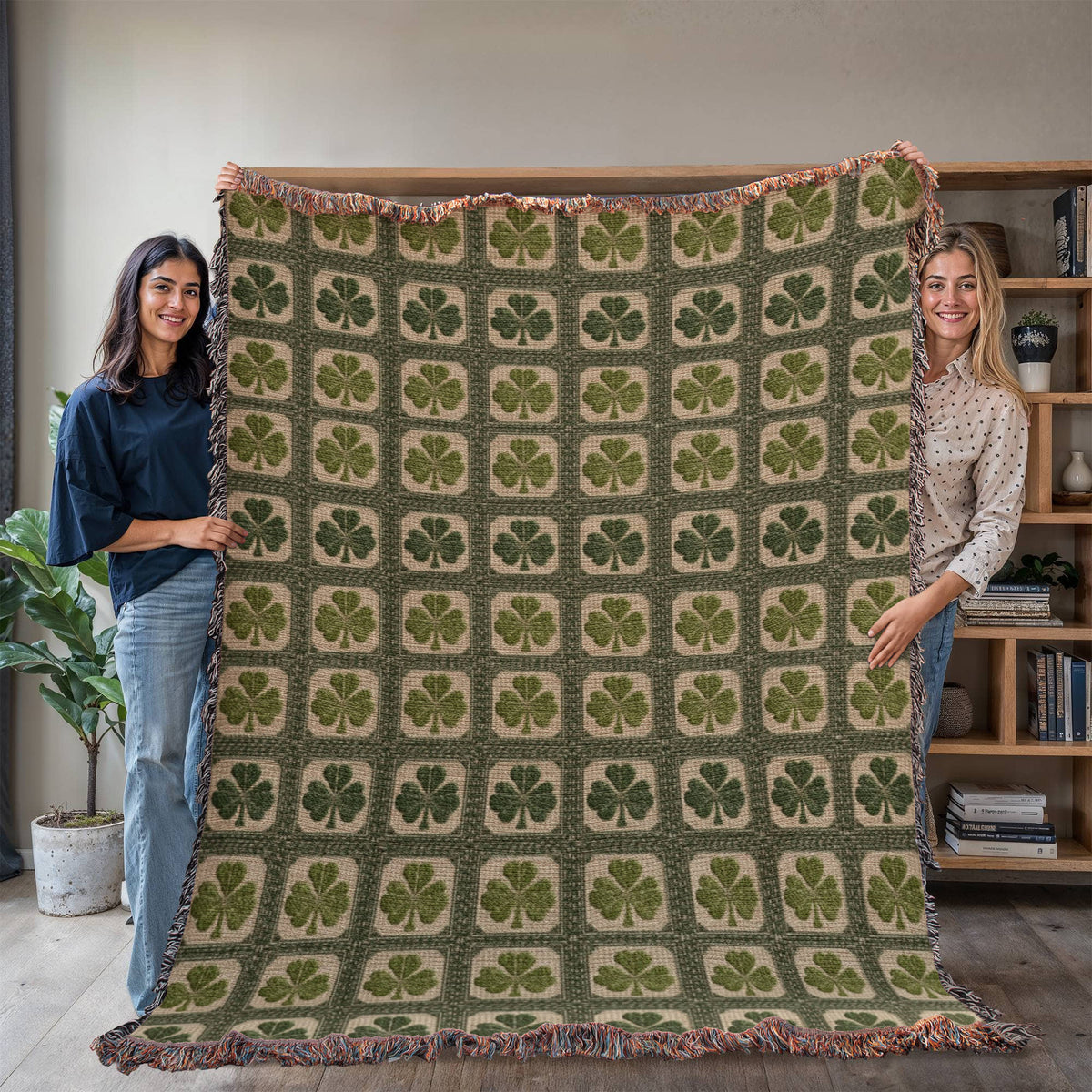 Shamrock Clover Blanket, a woven cotton blanket with green shamrocks and clover