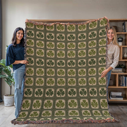 Shamrock Clover Blanket, a woven cotton blanket with green shamrocks and clover