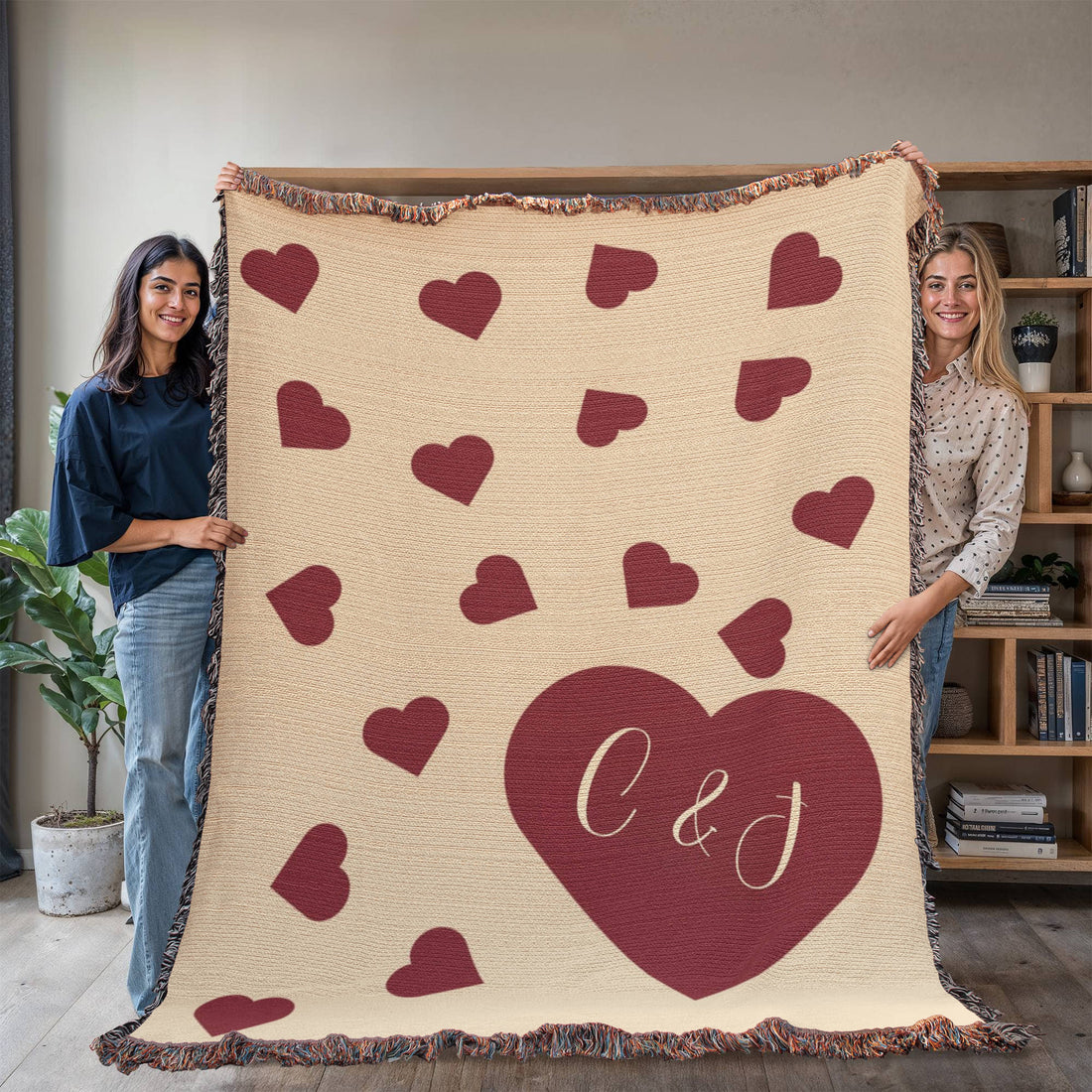 Personalized Couples Blanket | Floating Hearts Cotton Throw | Custom Initials | Wedding Engagement Anniversary Heirloom Gift