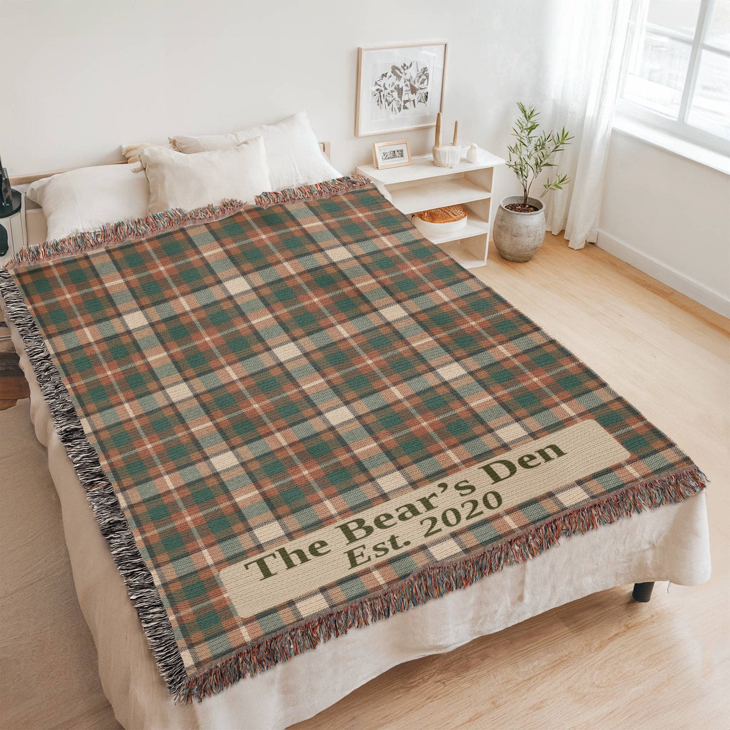 Custom Lodge Blanket | Personalized Cabin Name Throw | Plaid Cotton Heirloom Gift | Est. Year Woven Blanket | Hunting Cabin Decor