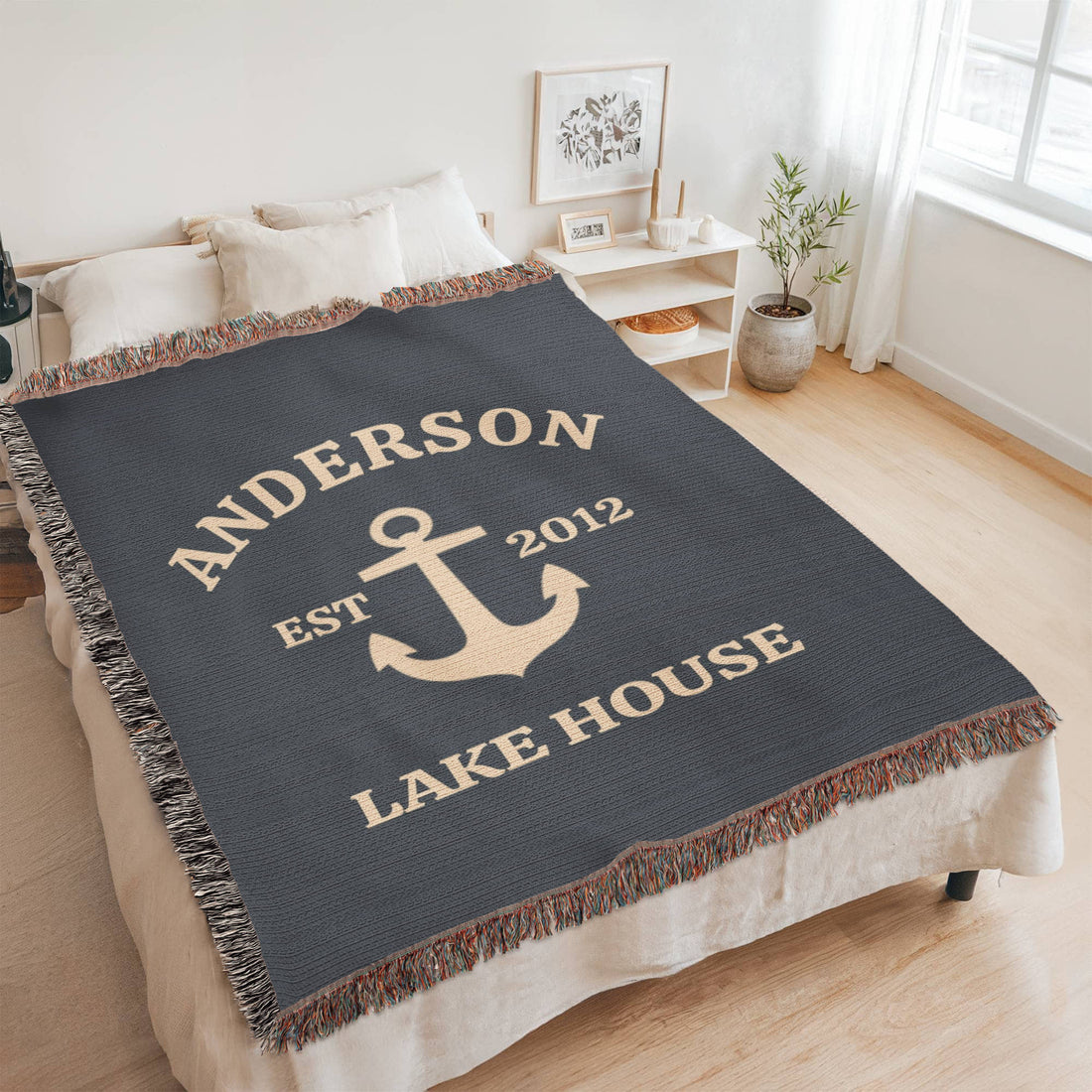 Custom Lake House Blanket | Personalized Family Name Anchor Throw | Est. Year Cotton Gift | Nautical Woven Heirloom | Beach Cabin Home Decor
