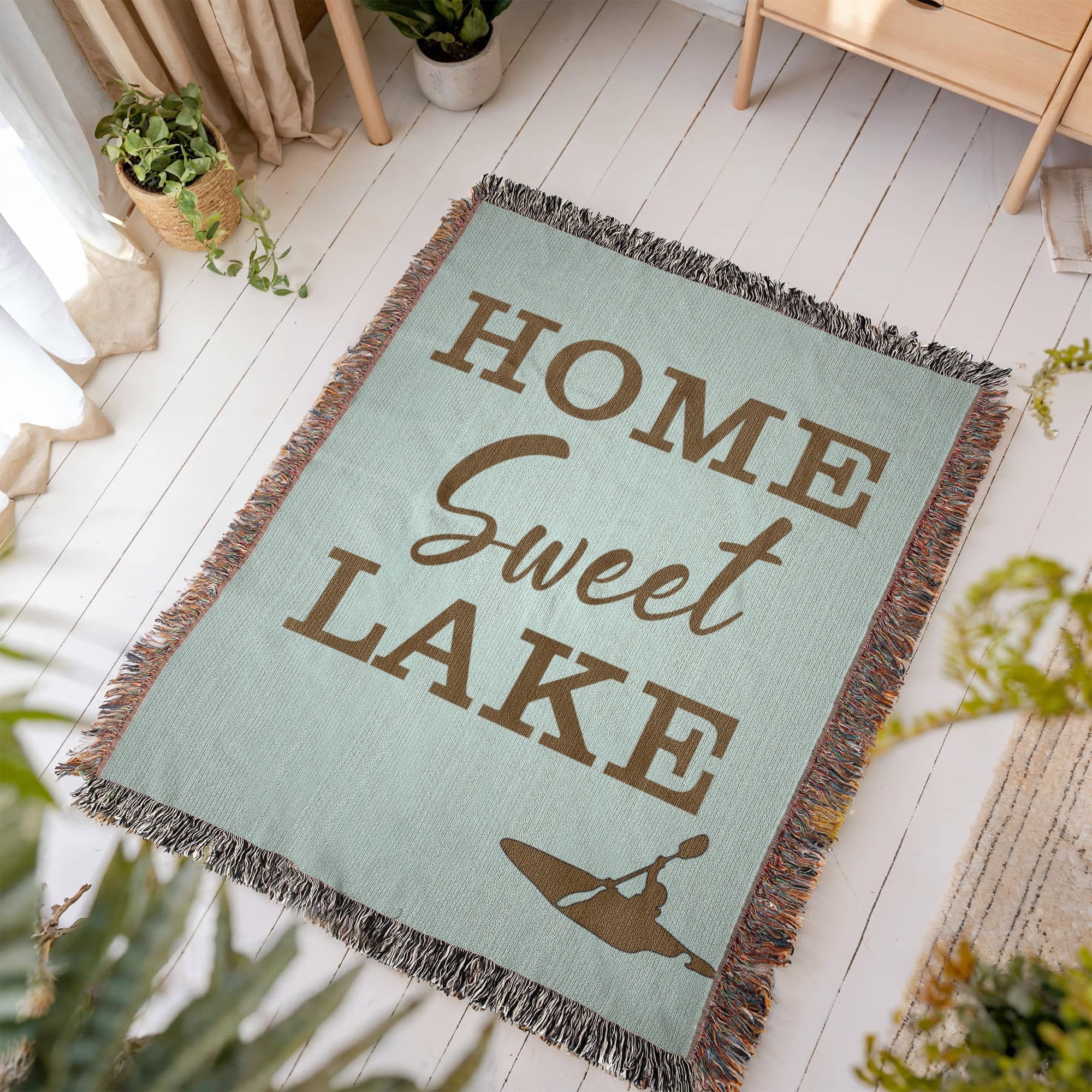 Personalized Lake House Blanket | Home Sweet Lake Cotton Throw | Custom Name | Kayak Cabin Lodge Heirloom Housewarming Gift
