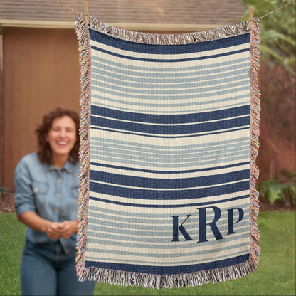 Monogram Beach House Blanket Gift | Custom Initials Coastal Throw | Navy Stripe Cotton | Personalized Blanket| Wedding Housewarming Gift