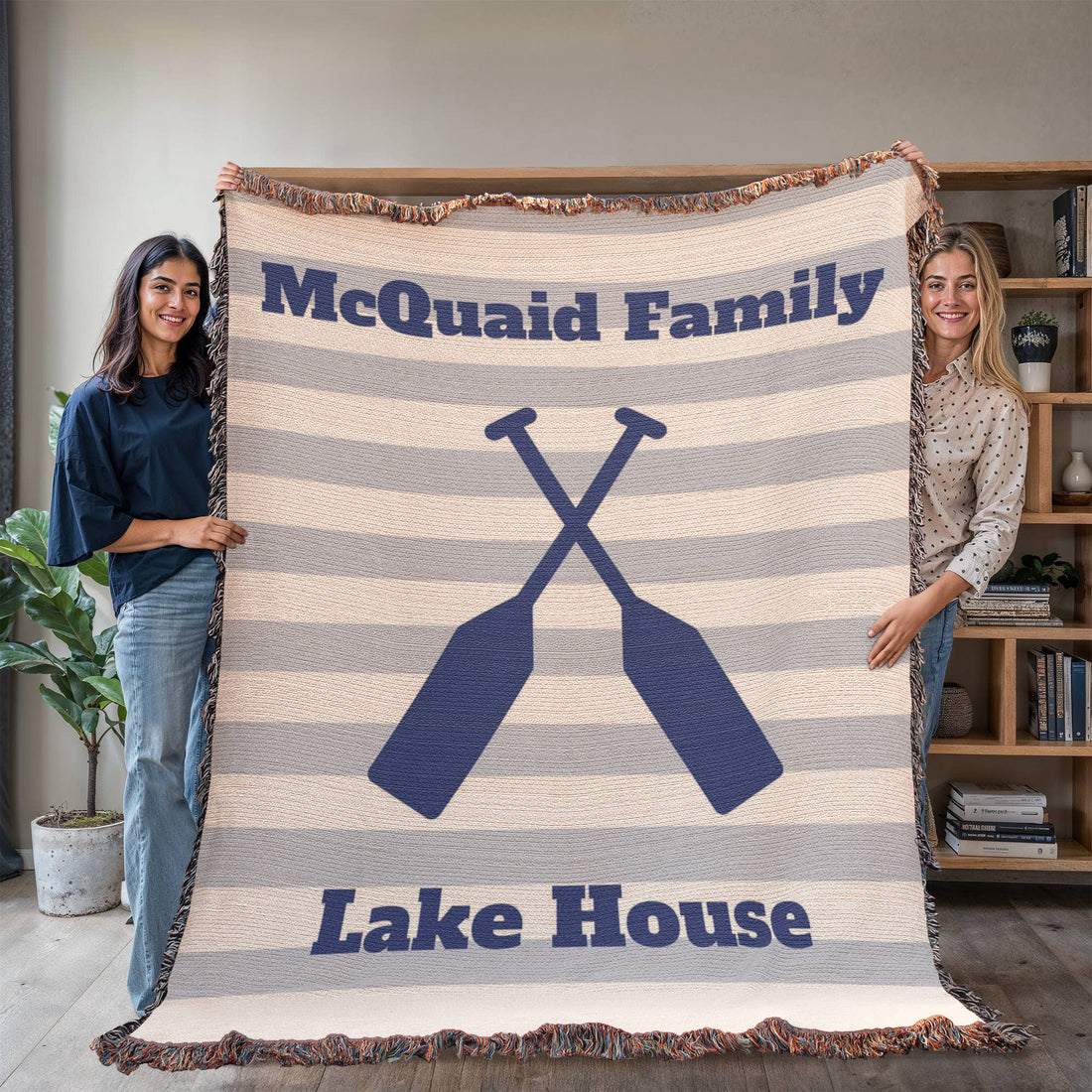 Personalized Lake House Blanket | Crossed Oars Cotton Throw | Custom Family Name | Cabin Lodge Heirloom Housewarming Gift