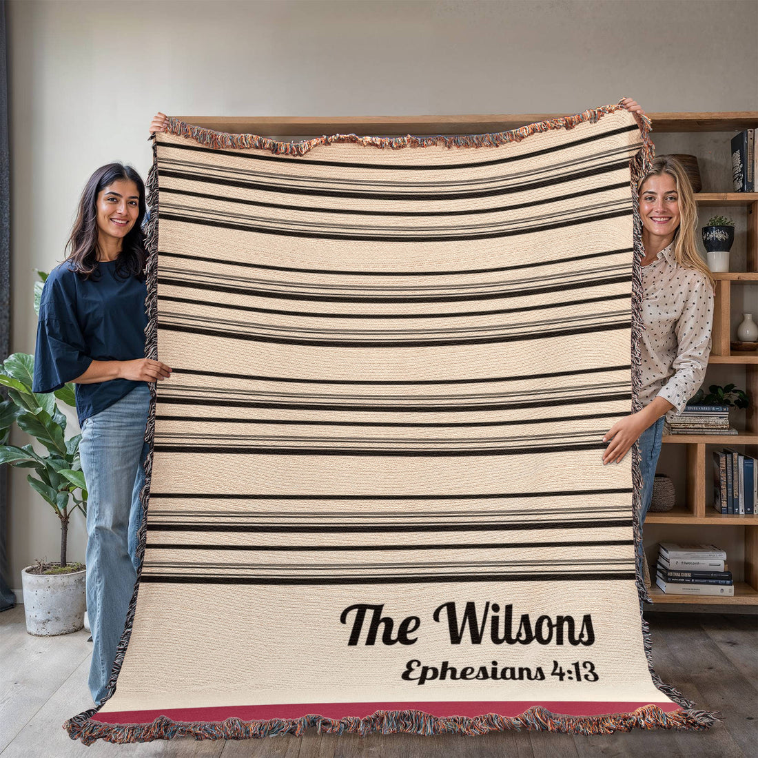 Personalized Christian Family Blanket | Farmhouse Stripe Cotton Throw | Custom Name &amp; Scripture | Heirloom Faith Home Gift