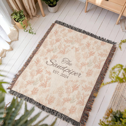 Custom Beach House Blanket |Personalized Throw | Vacation Home Name Gift | Heirloom 100% Cotton | Coastal Woven Blanket | Est. Year Gift