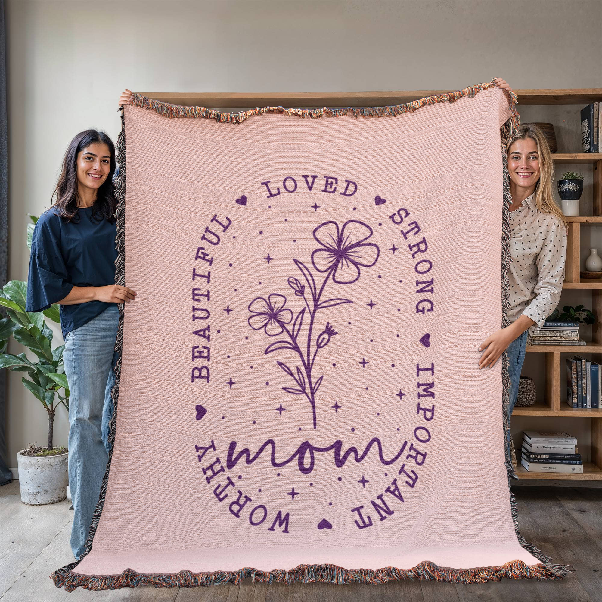 Mom Flower Woven Blanket | Loved Strong Beautiful Cotton Throw