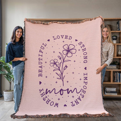 Mom Flower Woven Blanket | Loved Strong Beautiful Cotton Throw