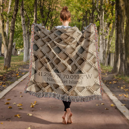 Custom Coordinates Blanket | Nantucket Island Cotton Throw | GPS Location Gift | Beach House Decor | Personalized Place Heirloom | Coastal