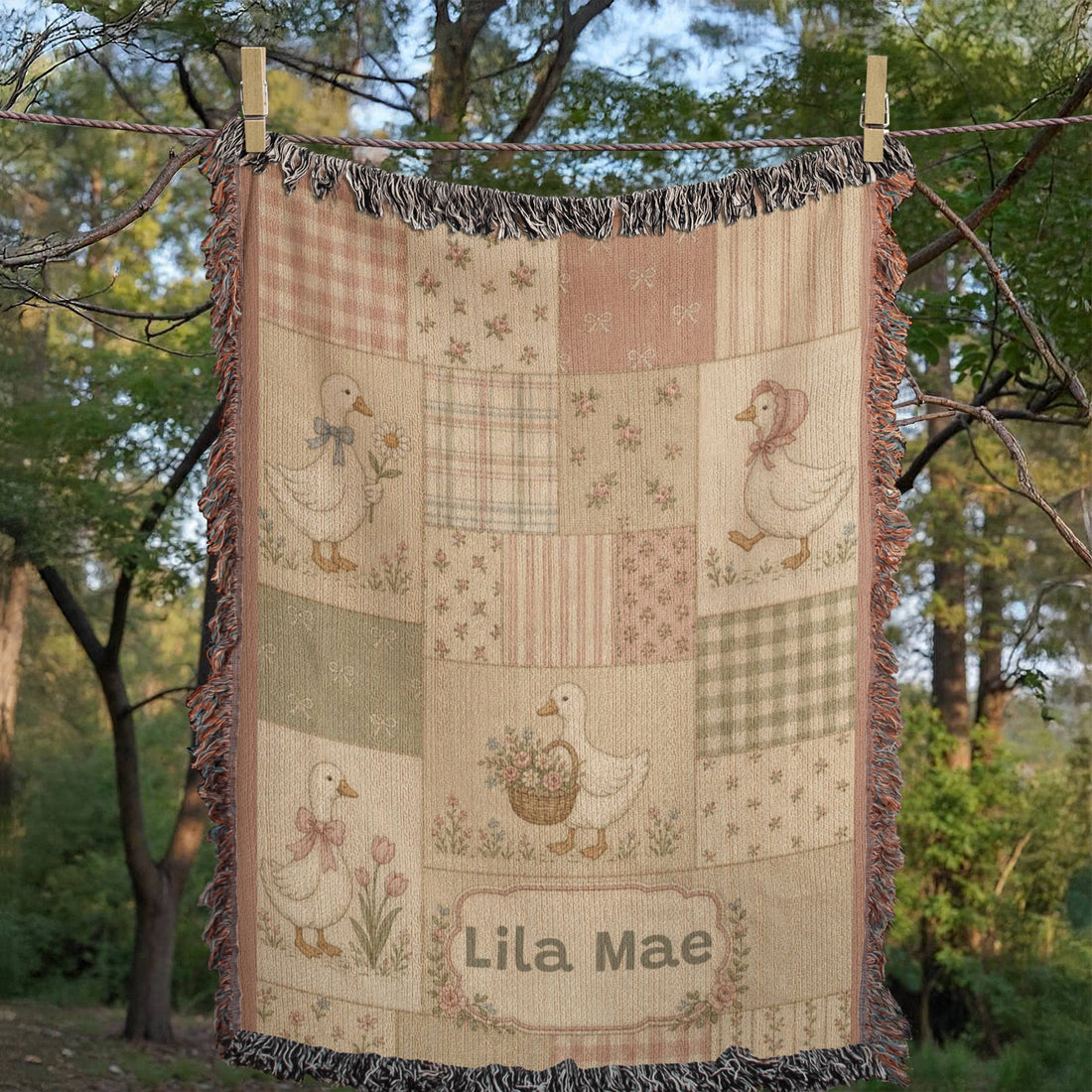 Personalized Baby Girl Blanket, Cottagecore Duck Patchwork Woven Cotton Throw, Heirloom Baby Shower Gift, Custom Name Nursery Blanket