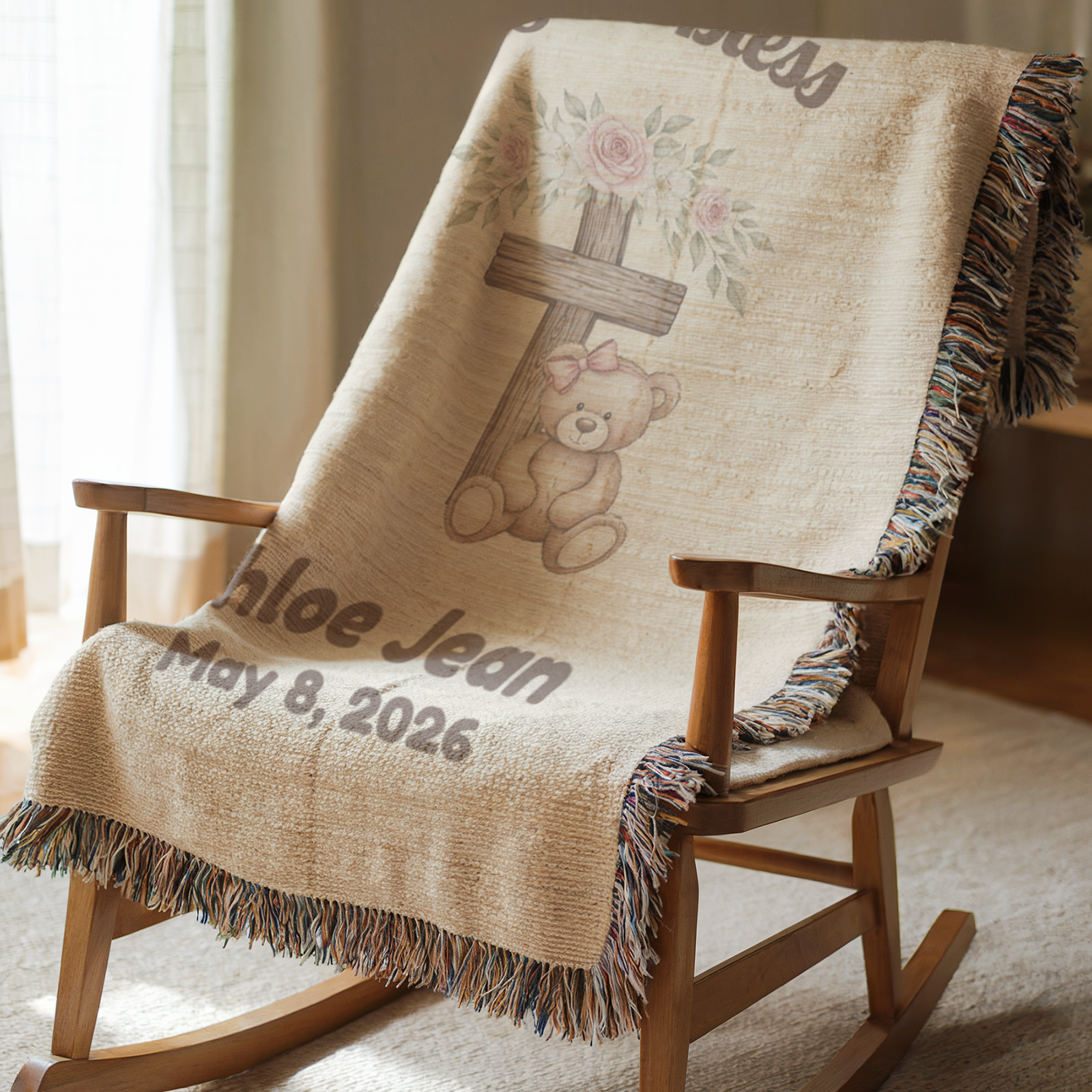 Personalized Christian Baby Woven Blanket Teddy Bear Cross God Bless Blanket