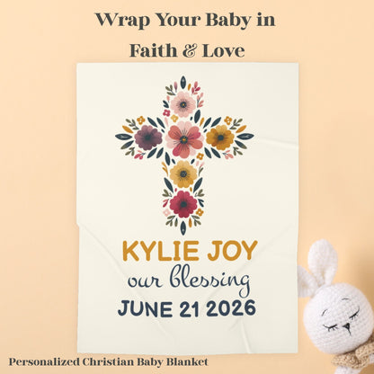 Baby Personalized Christian Baby Blanket Floral Cross Nursery Gift Custom Name Baptism Christening Newborn Blessing Keepsake