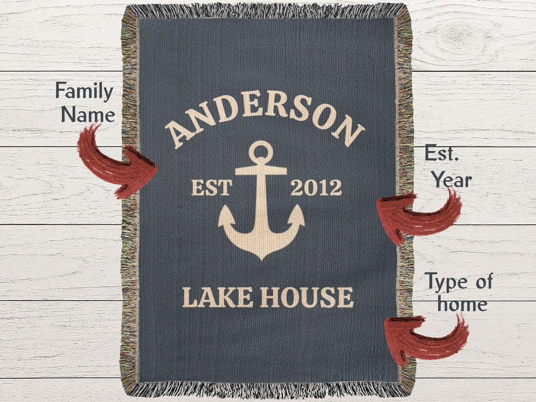 Custom Lake House Blanket | Personalized Family Name Anchor Throw | Est. Year Cotton Gift | Nautical Woven Heirloom | Beach Cabin Home Decor