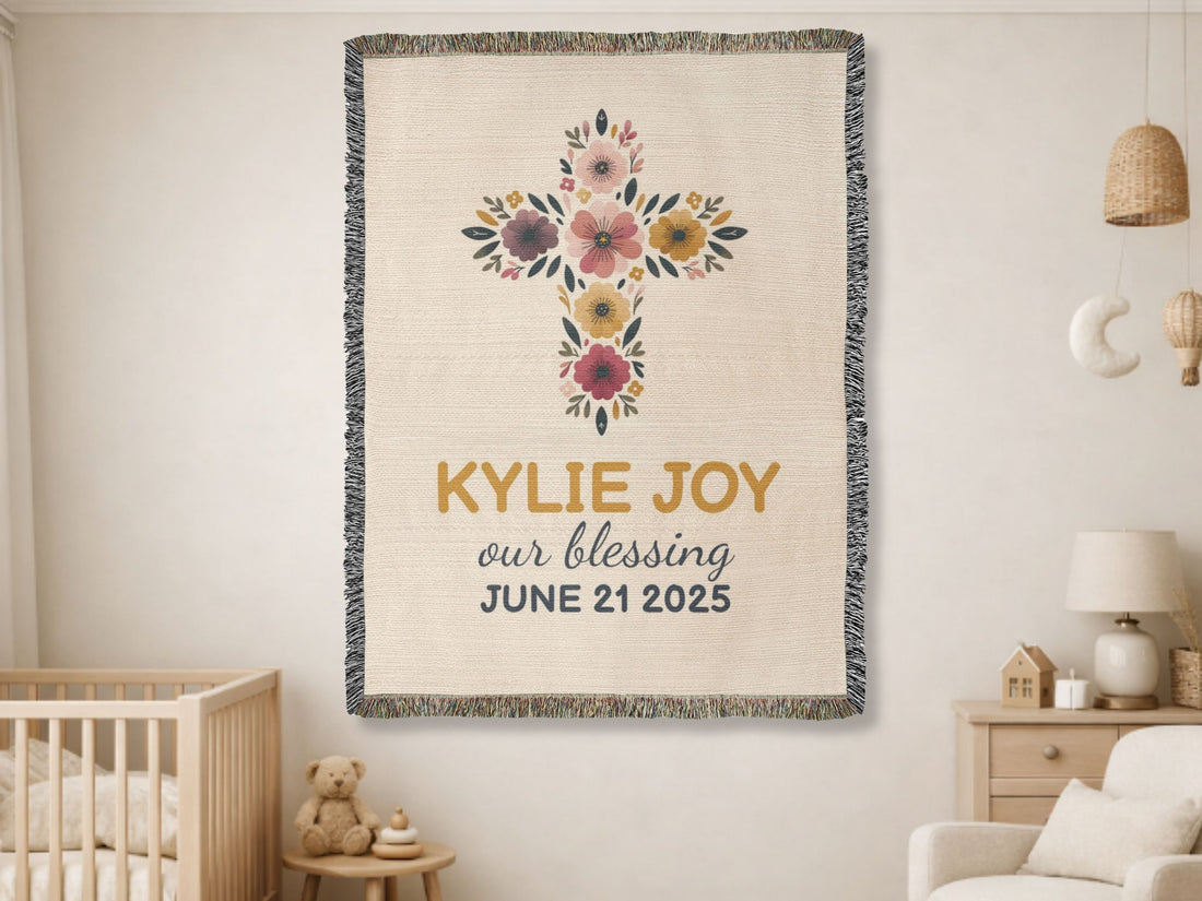 Personalized Baby Baptism Blanket | Floral Cross | Christening Gift | Heirloom Cotton | Custom Name &amp; Date | Baby Dedication Gift