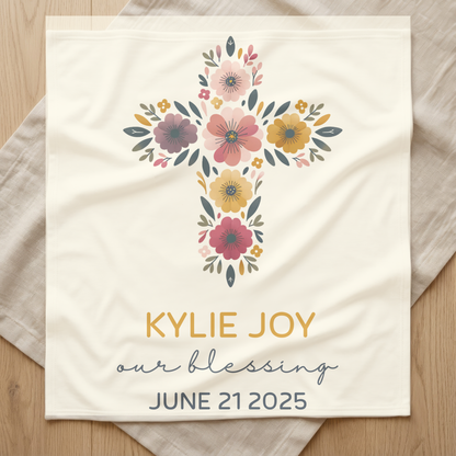 Baby Personalized Christian Baby Blanket Floral Cross Nursery Gift Custom Name Baptism Christening Newborn Blessing Keepsake