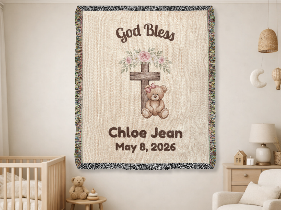 Personalized Baby Baptism Blanket | Teddy Bear Floral Cross | Custom Name &amp; Date | Heirloom 100% Cotton | Christening Gift | Baby Dedication | God Bless