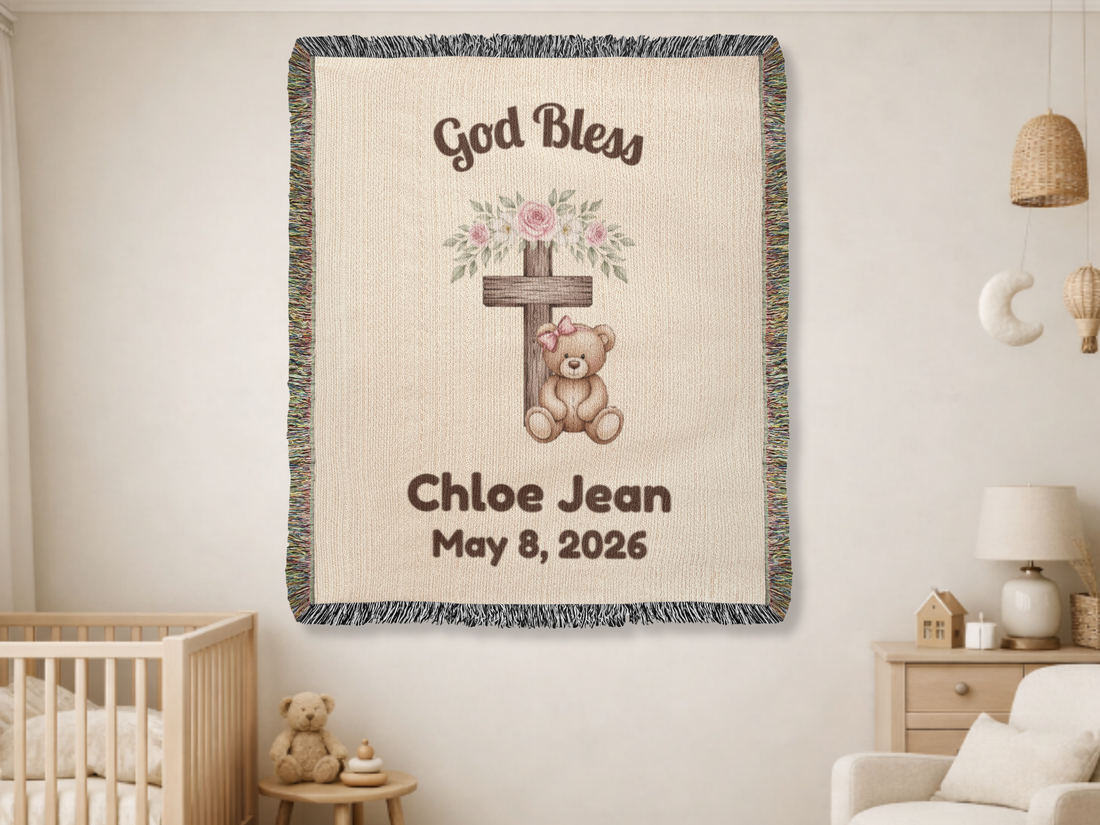 Personalized Christian Baby Woven Blanket Teddy Bear Cross God Bless Blanket