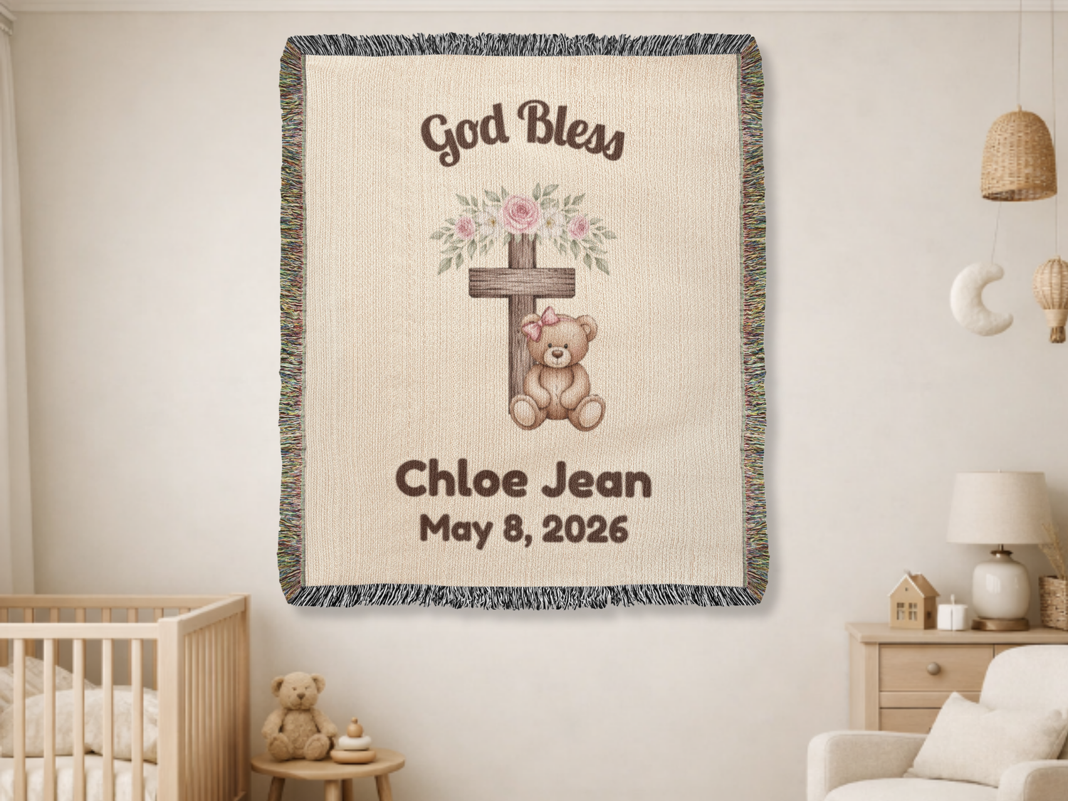 Personalized Christian Baby Woven Blanket Teddy Bear Cross God Bless Blanket